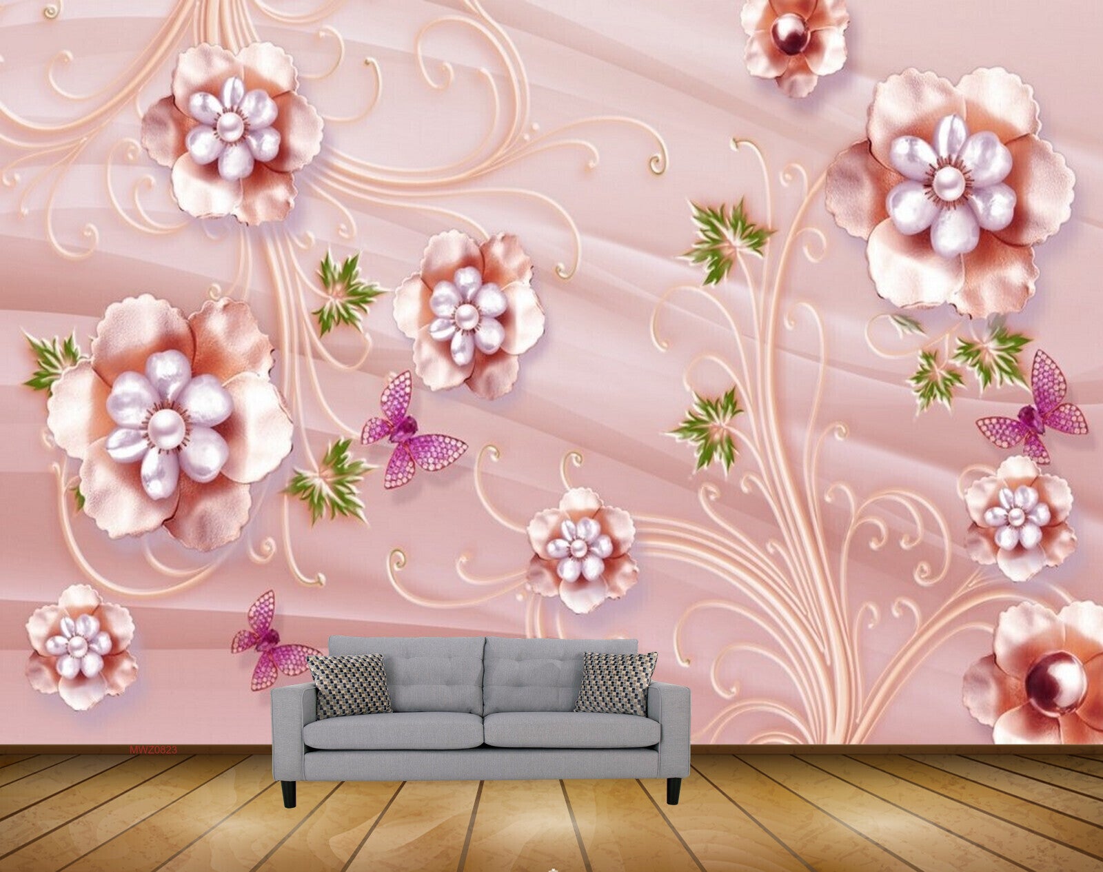 Avikalp MWZ0823 Pink Flowers Butterflies Plants 3D HD Wallpaper