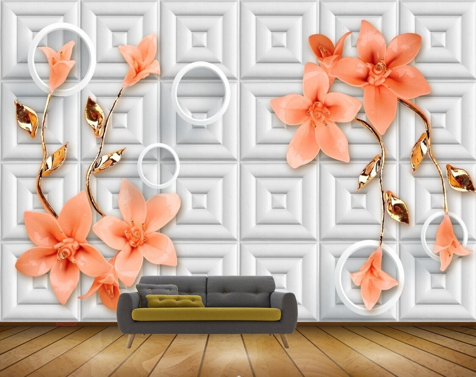 Avikalp MWZ0826 Peach Flowers Leaves 3D HD Wallpaper