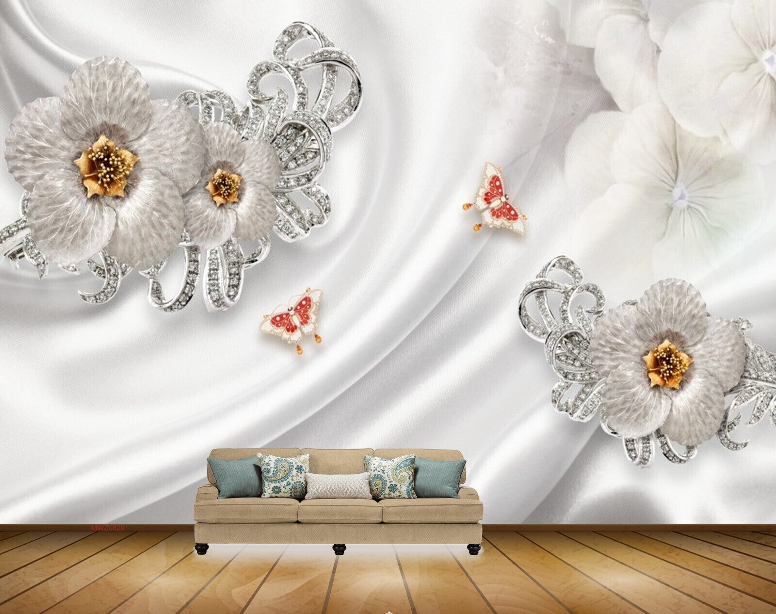 Avikalp MWZ0829 Silver Flowers Butterflies 3D HD Wallpaper