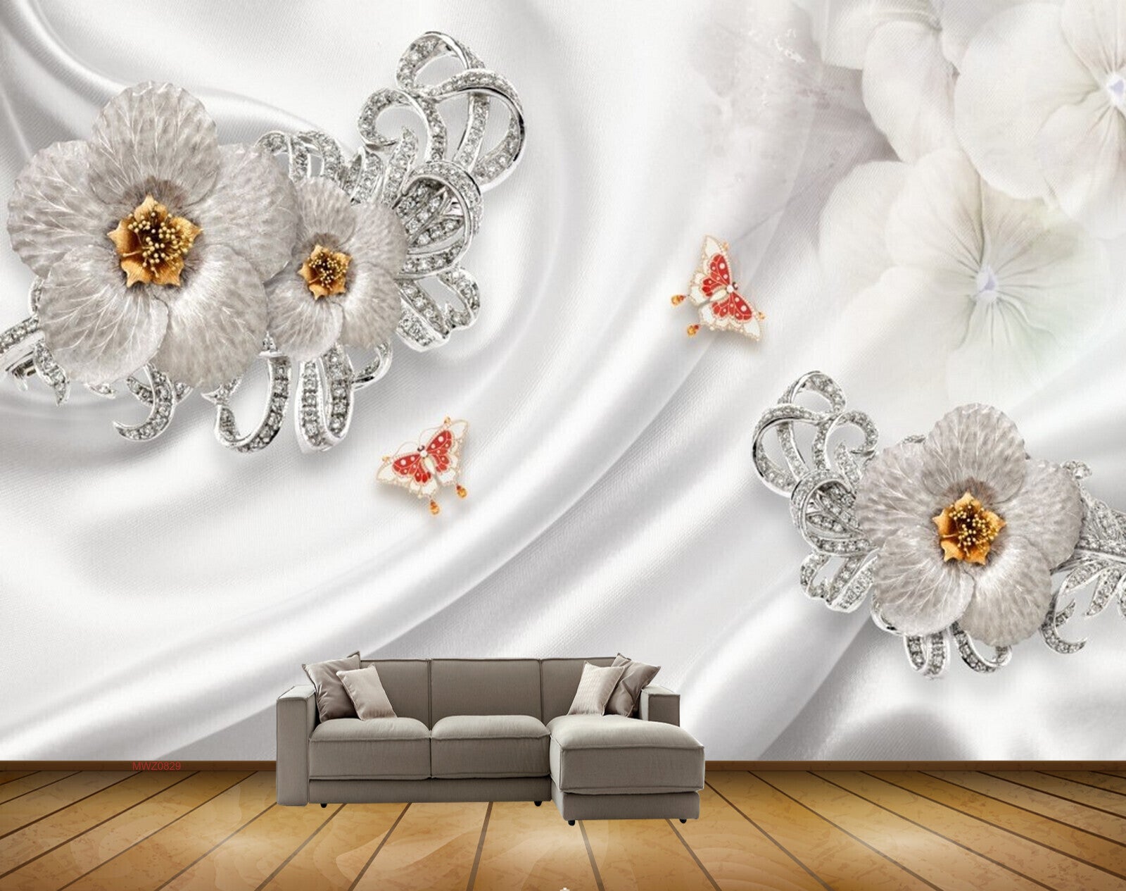 Avikalp MWZ0829 Silver Flowers Butterflies 3D HD Wallpaper