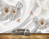 Avikalp MWZ0829 Silver Flowers Butterflies 3D HD Wallpaper