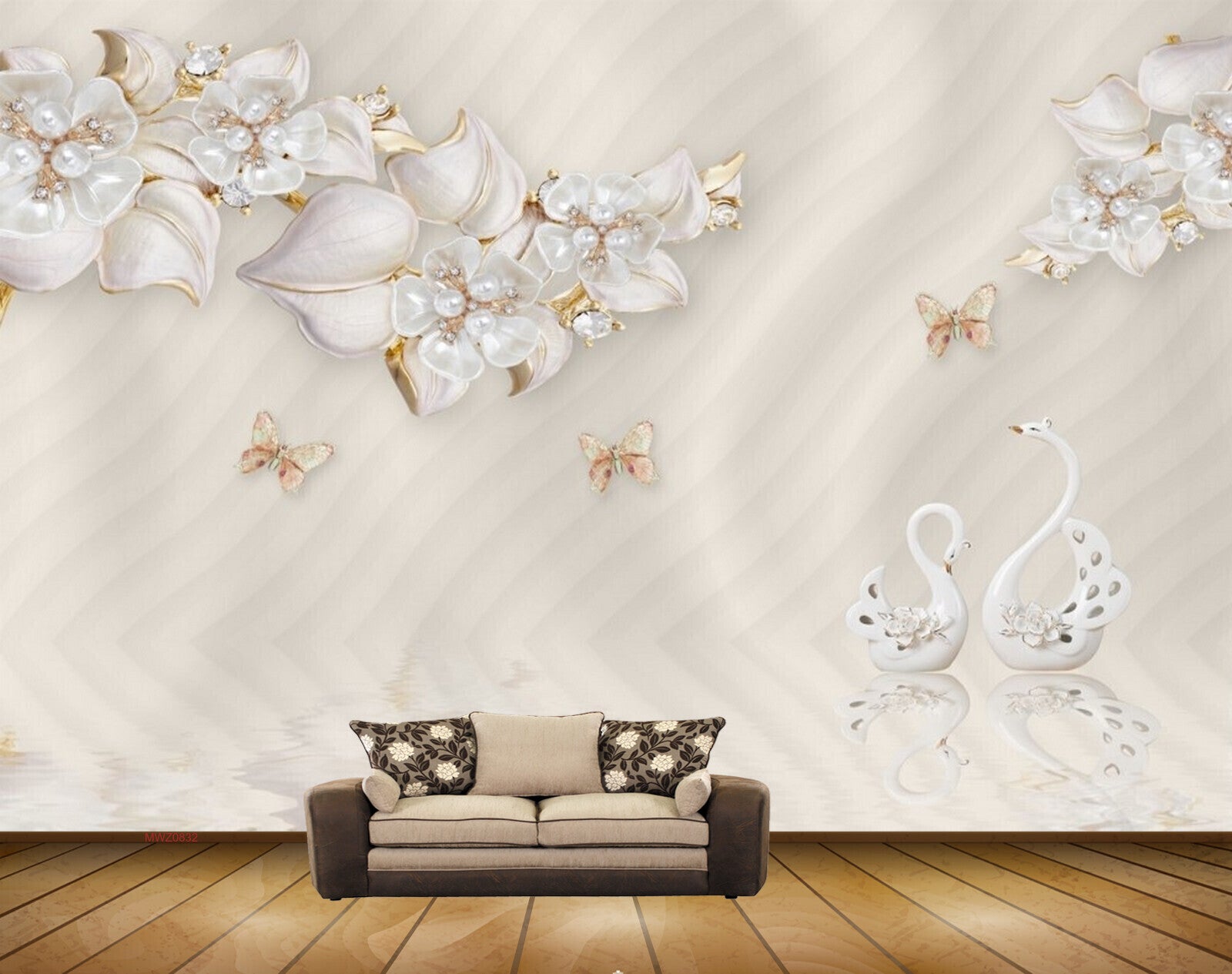 Avikalp MWZ0832 White Flowers Butterflies Cranes HD Wallpaper