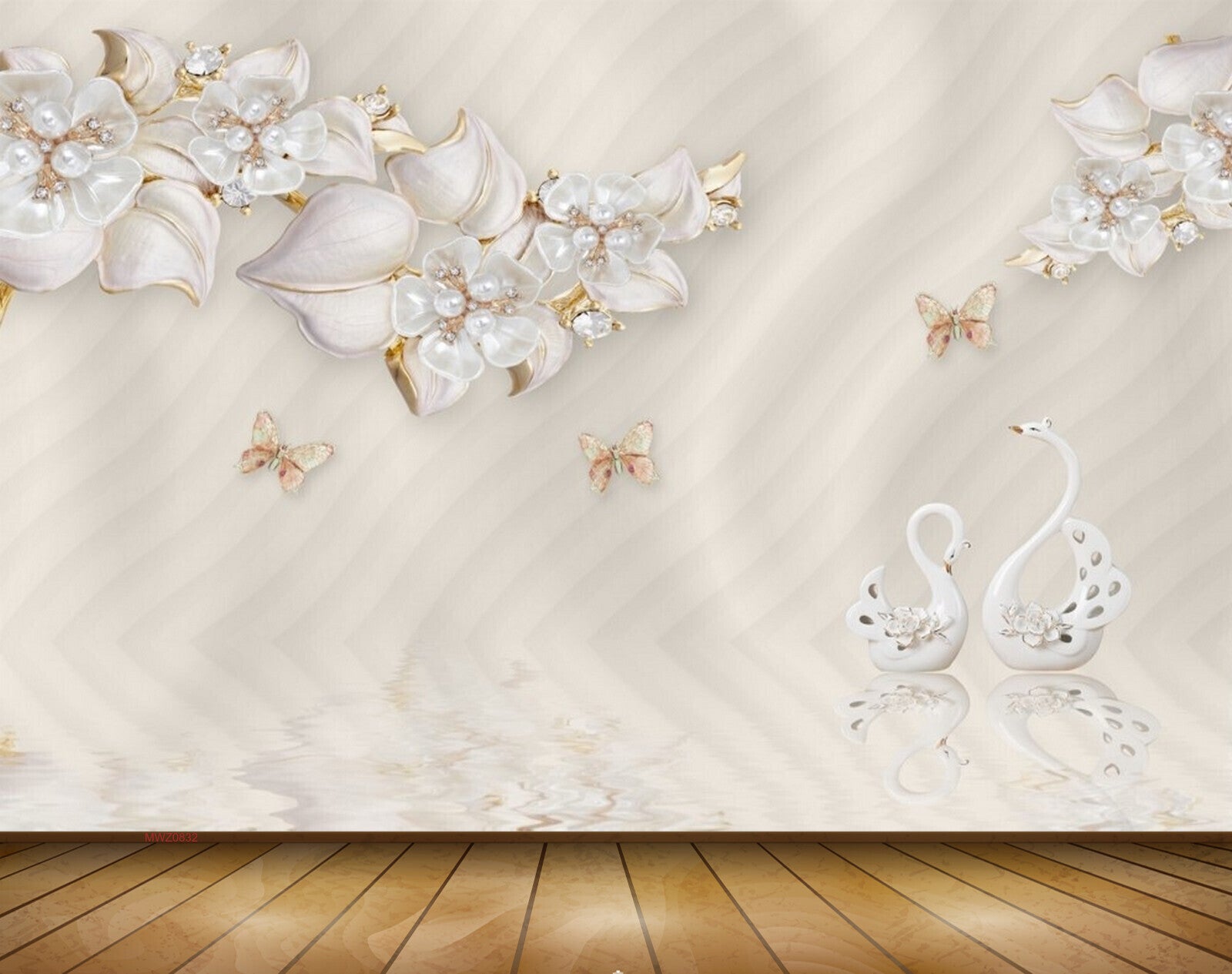 Avikalp MWZ0832 White Flowers Butterflies Cranes 3D HD Wallpaper