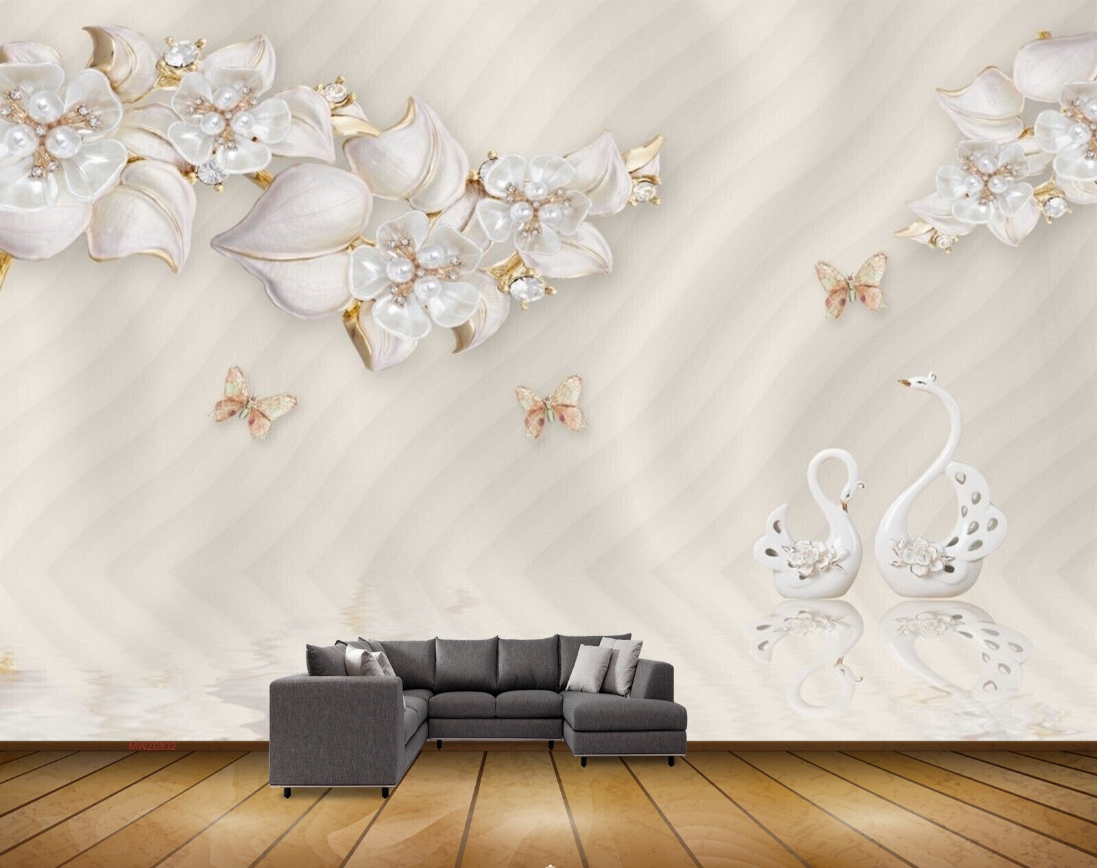 Avikalp MWZ0832 White Flowers Butterflies Cranes 3D HD Wallpaper