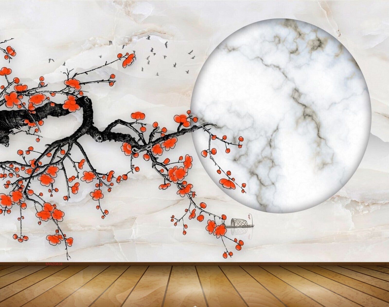Avikalp MWZ0834 Orange Flowers Branches Moon 3D HD Wallpaper