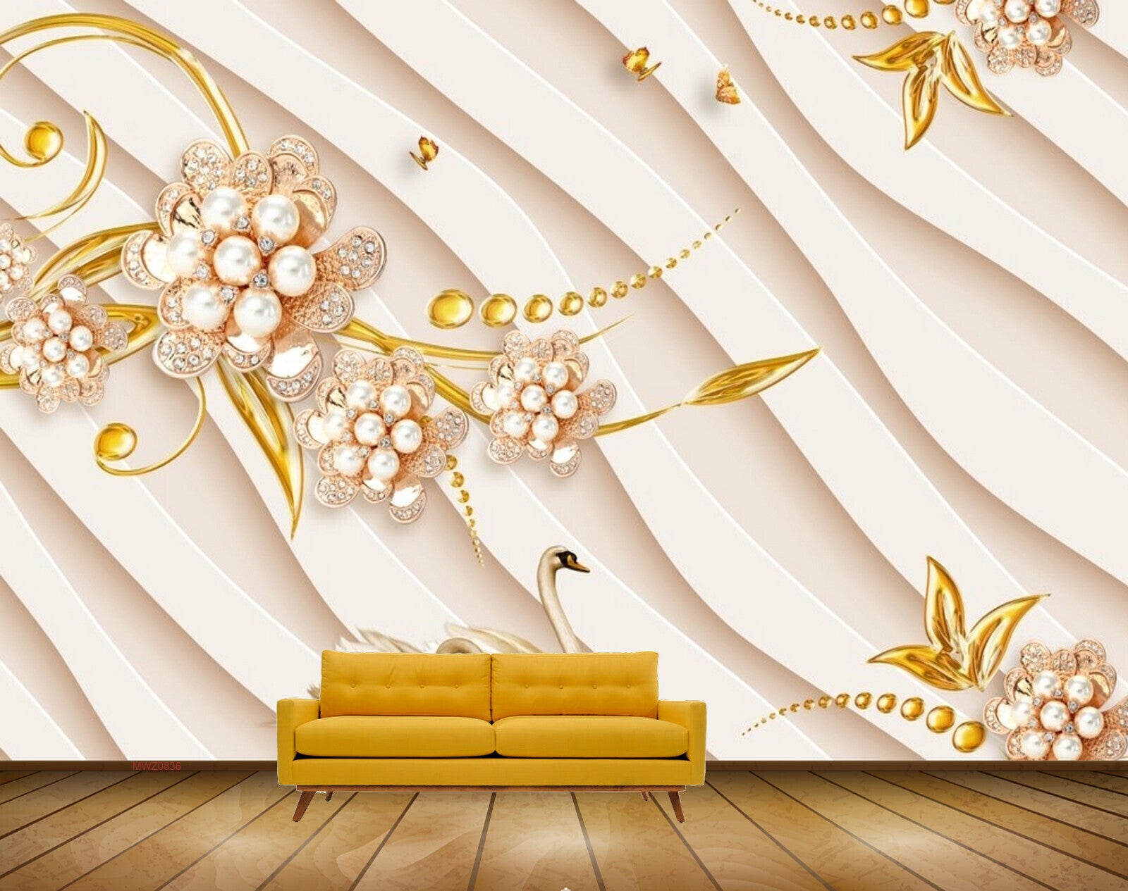 Avikalp MWZ0836 White Yellow Flowers Ducks Butterflies 3D HD Wallpaper
