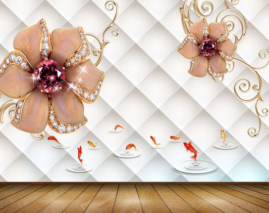 Avikalp MWZ0838 Orange Flowers Fishes 3D HD Wallpaper