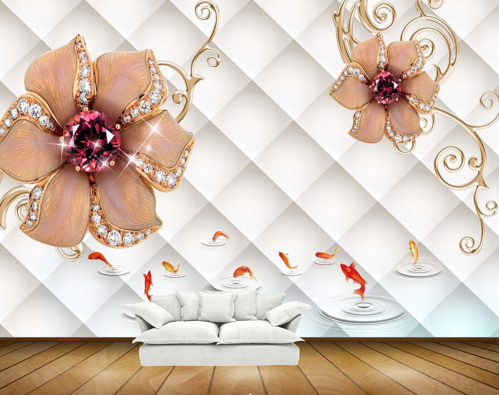 Avikalp MWZ0838 Orange Flowers Fishes 3D HD Wallpaper