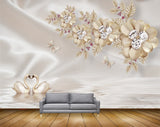 Avikalp MWZ0843 White Golden Flowers Leaves Butterflies Cranes HD Wallpaper