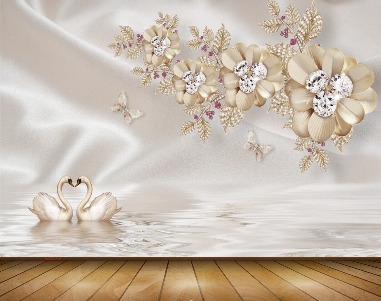 Avikalp MWZ0843 White Golden Flowers Leaves Butterflies Cranes 3D HD Wallpaper
