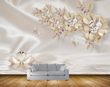 Avikalp MWZ0843 White Golden Flowers Leaves Butterflies Cranes 3D HD Wallpaper