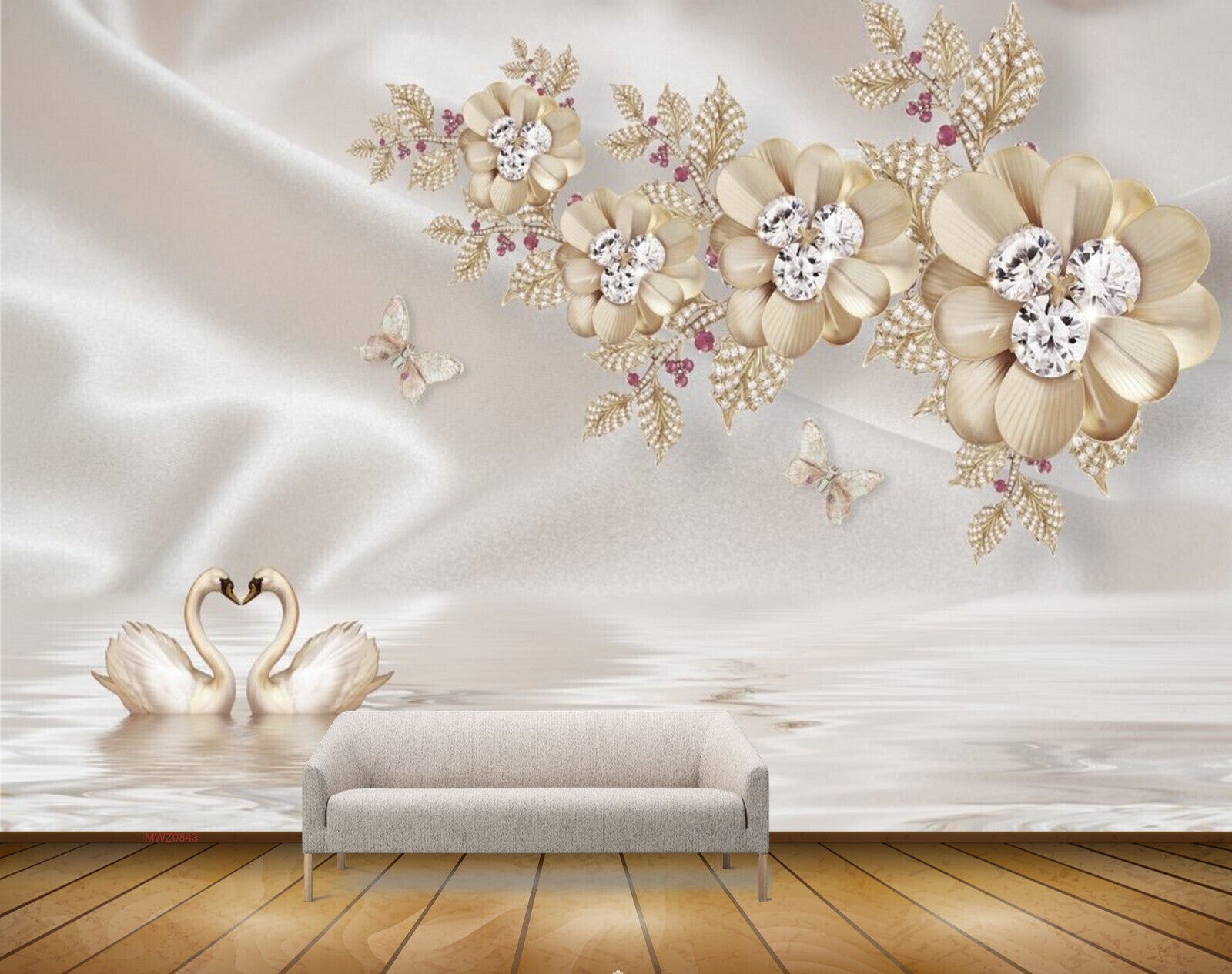 Avikalp MWZ0843 White Golden Flowers Leaves Butterflies Cranes 3D HD Wallpaper