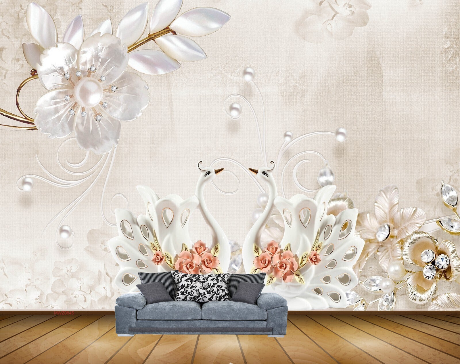 Avikalp MWZ0845 White Flowers Cranes Leaves 3D HD Wallpaper