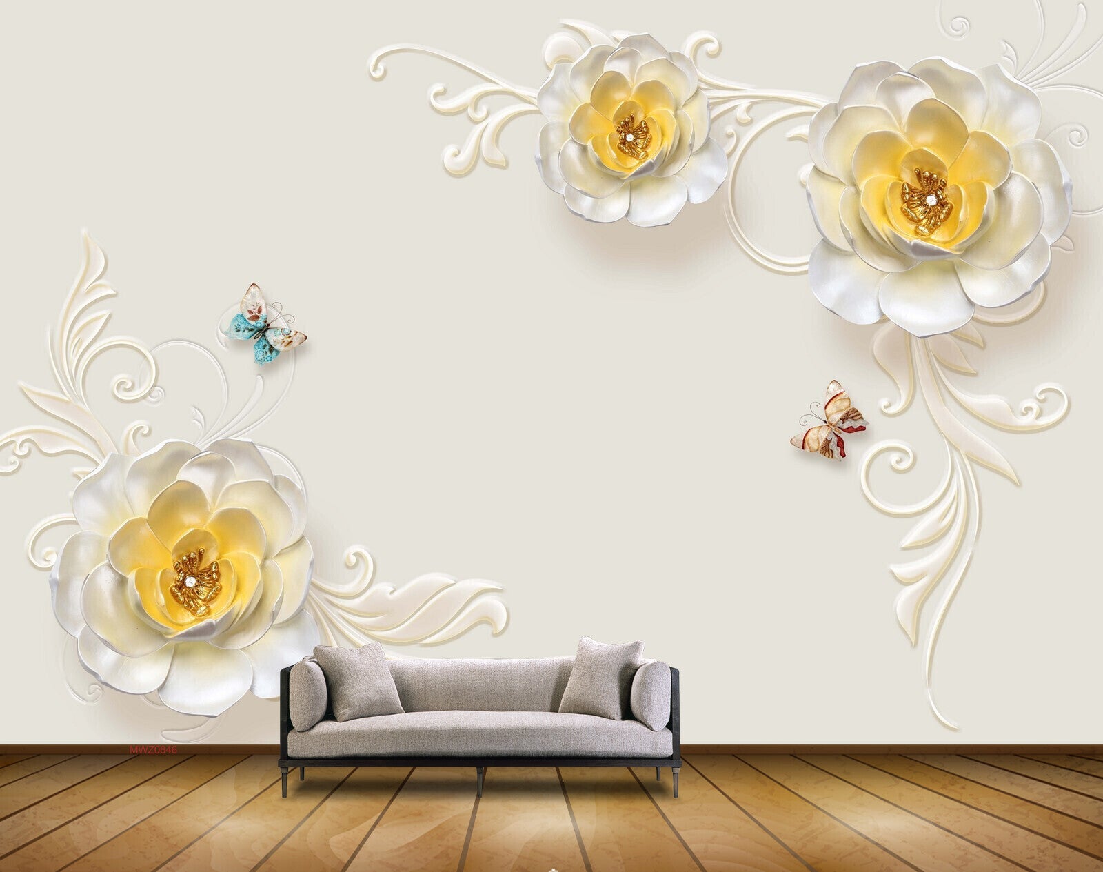 Avikalp MWZ0846 White Yellow Flowers Butterflies Leaves HD Wallpaper