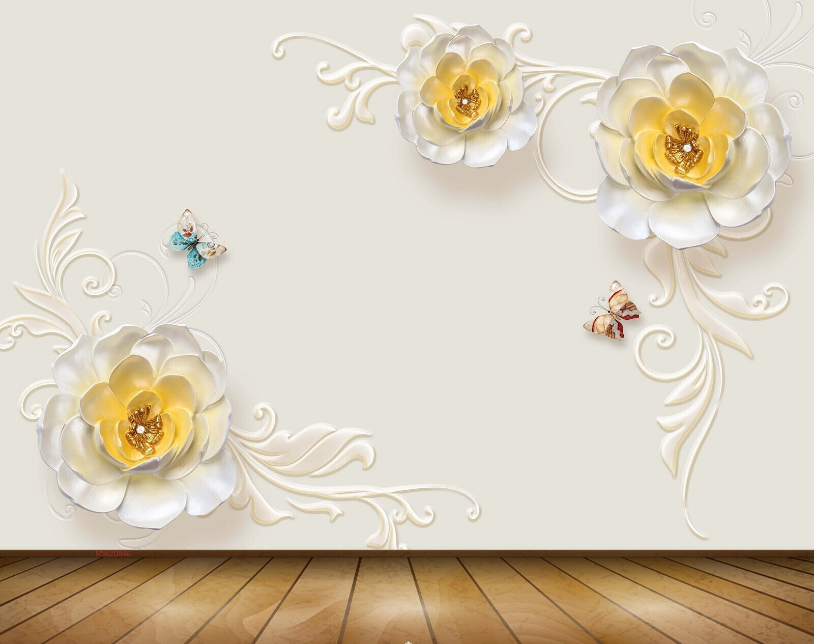 Avikalp MWZ0846 White Yellow Flowers Butterflies Leaves 3D HD Wallpaper