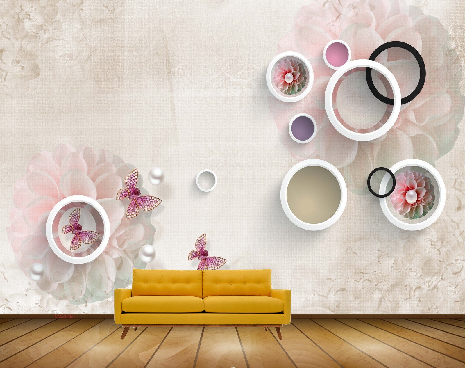 Avikalp MWZ0850 Pink Whiite Flowers Butterflies 3D HD Wallpaper
