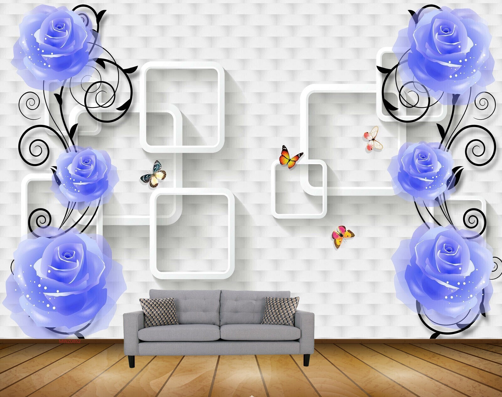 Avikalp MWZ0852 Blue Flowers Butterflies 3D HD Wallpaper