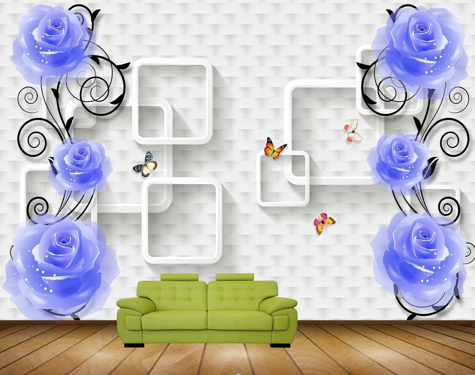 Avikalp MWZ0852 Blue Flowers Butterflies 3D HD Wallpaper
