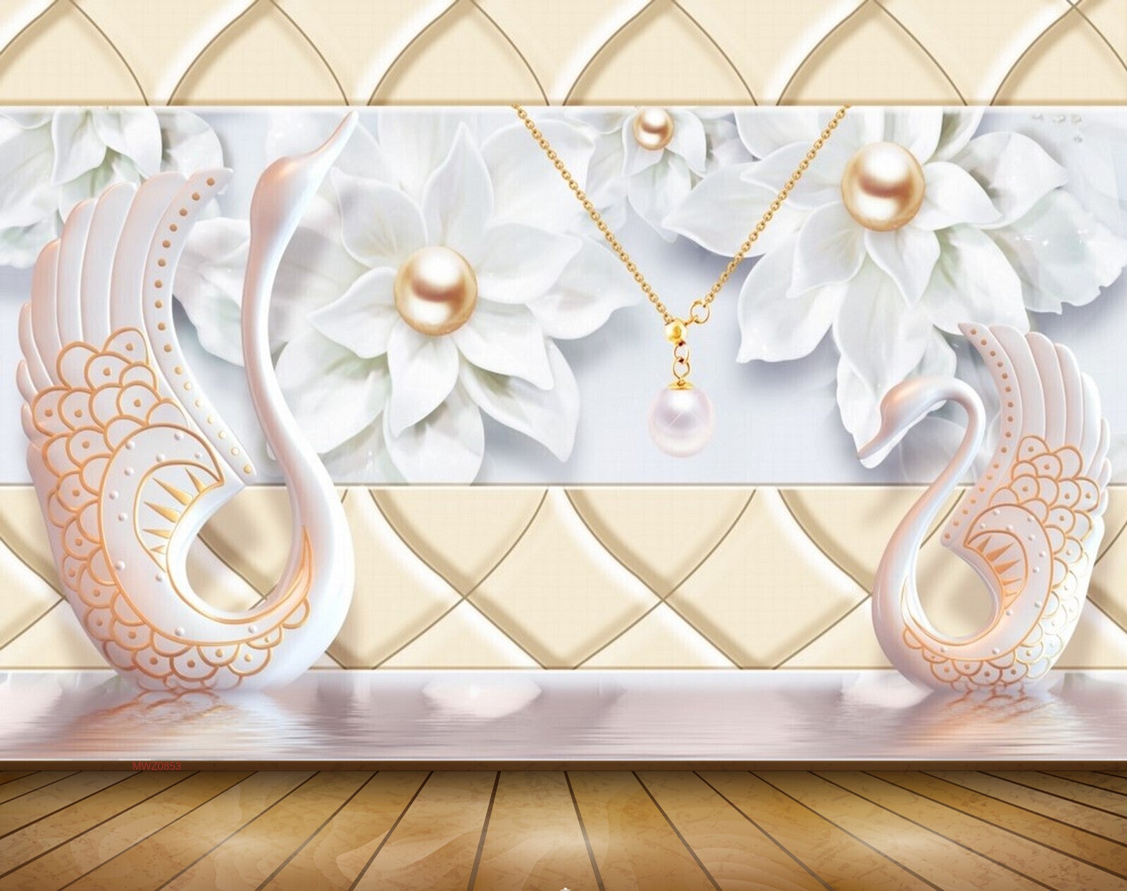 Avikalp MWZ0853 White Pearl Chain Flowers Cranes 3D HD Wallpaper