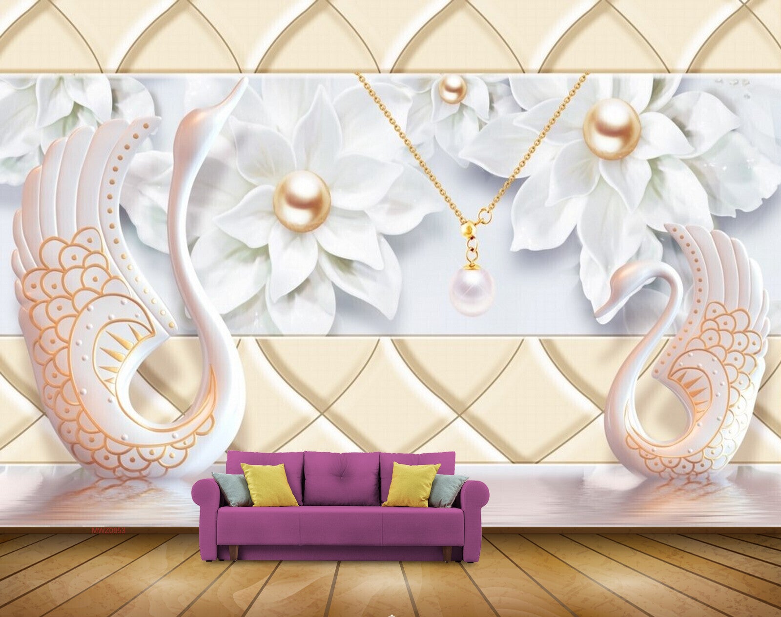 Avikalp MWZ0853 White Pearl Chain Flowers Cranes 3D HD Wallpaper