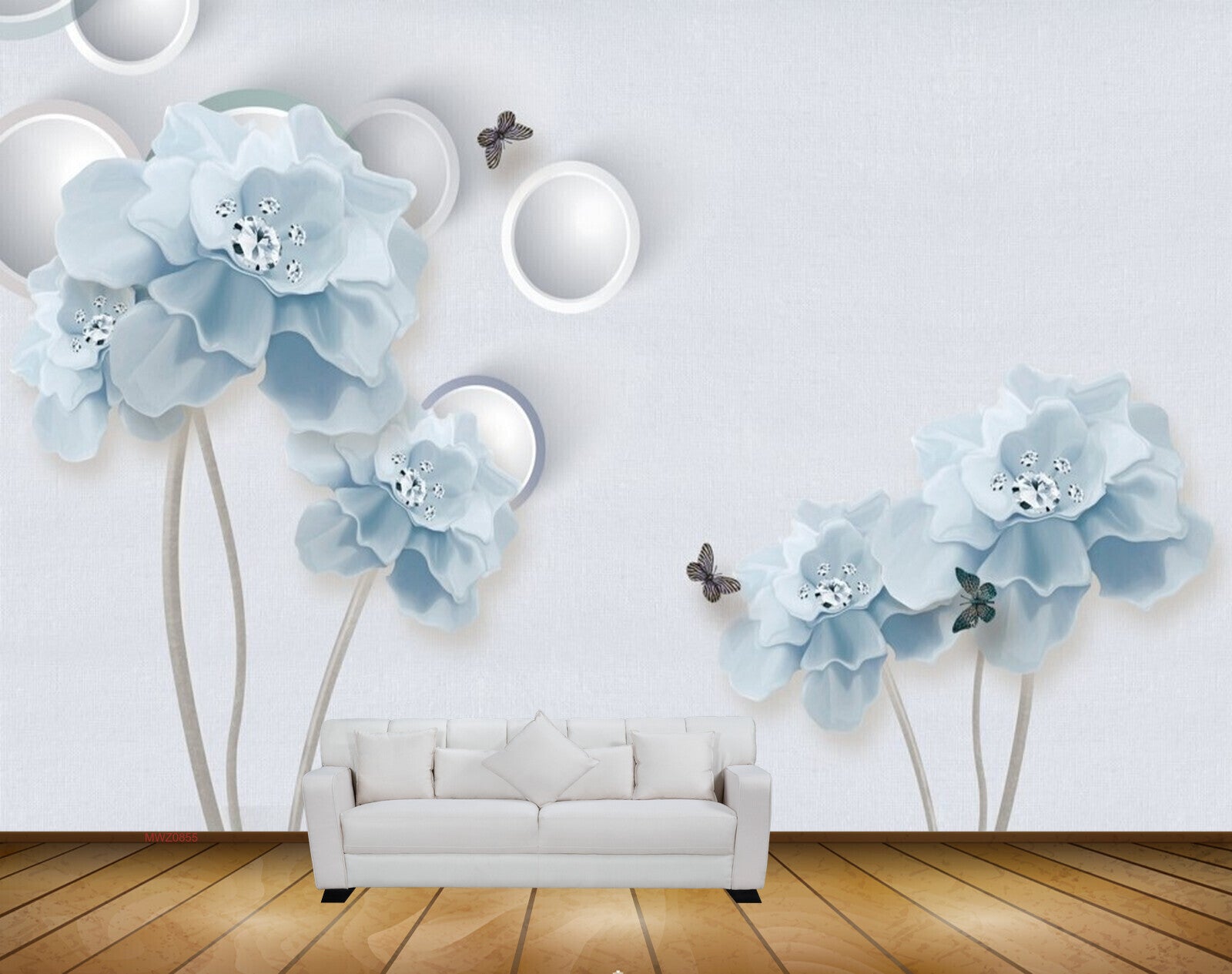 Avikalp MWZ0855 White Blue Flowers Butterflies HD Wallpaper