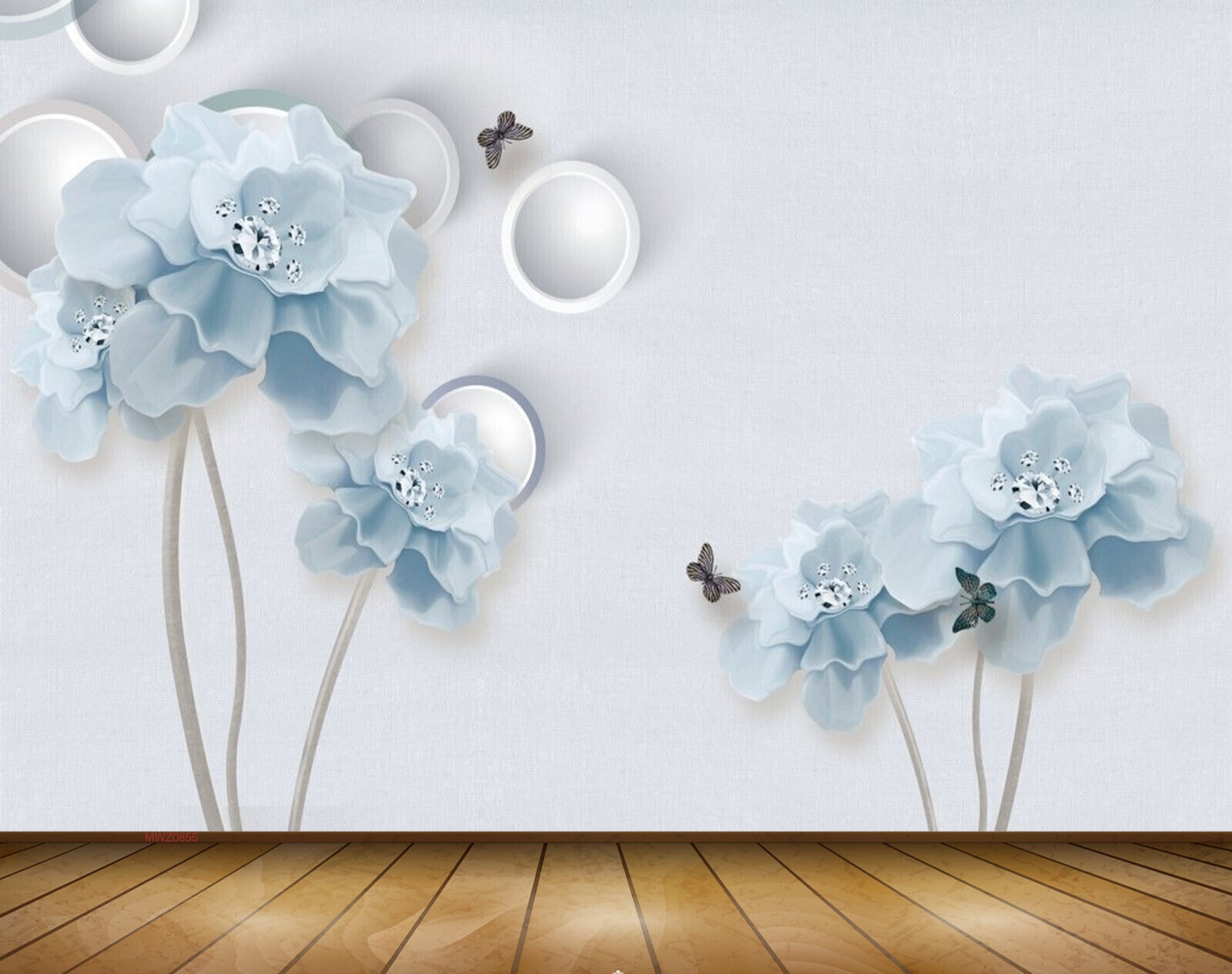 Avikalp MWZ0855 White Blue Flowers Butterflies 3D HD Wallpaper