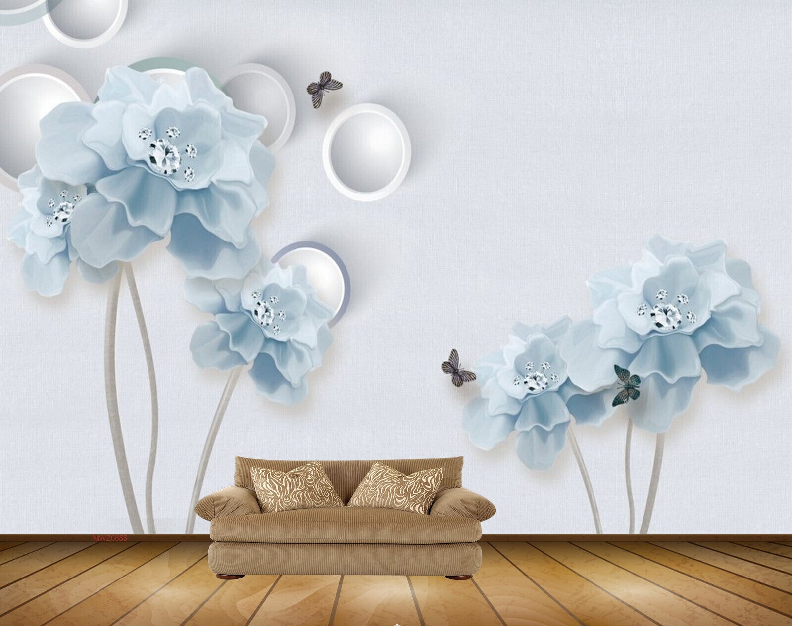 Avikalp MWZ0855 White Blue Flowers Butterflies 3D HD Wallpaper