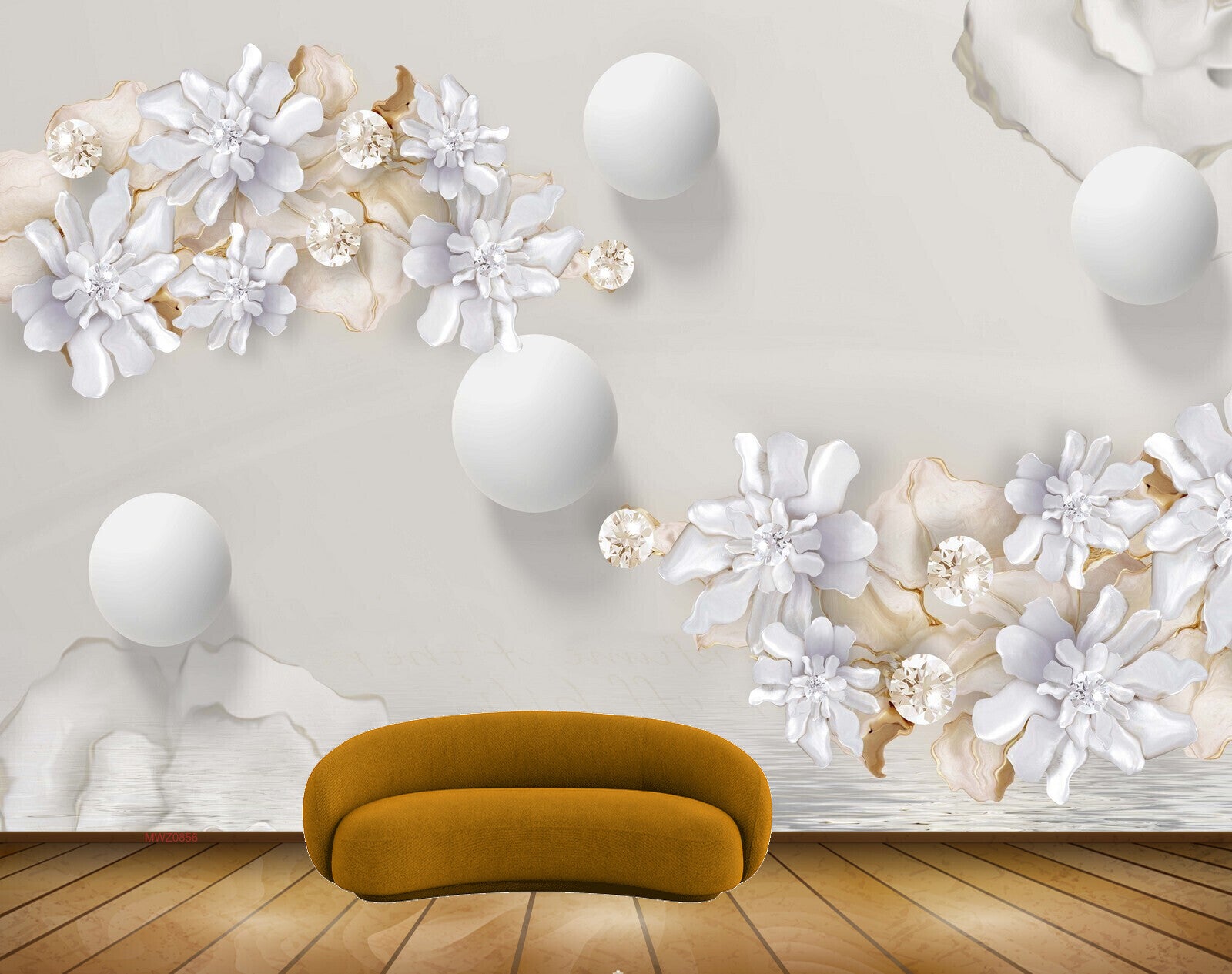 Avikalp MWZ0856 White Gold Flowers Leaves 3D HD Wallpaper