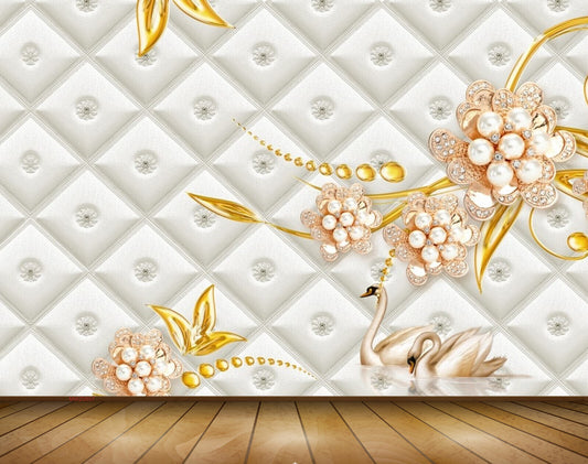 Avikalp MWZ0857 Pink Golden Flowers Plants Cranes 3D HD Wallpaper