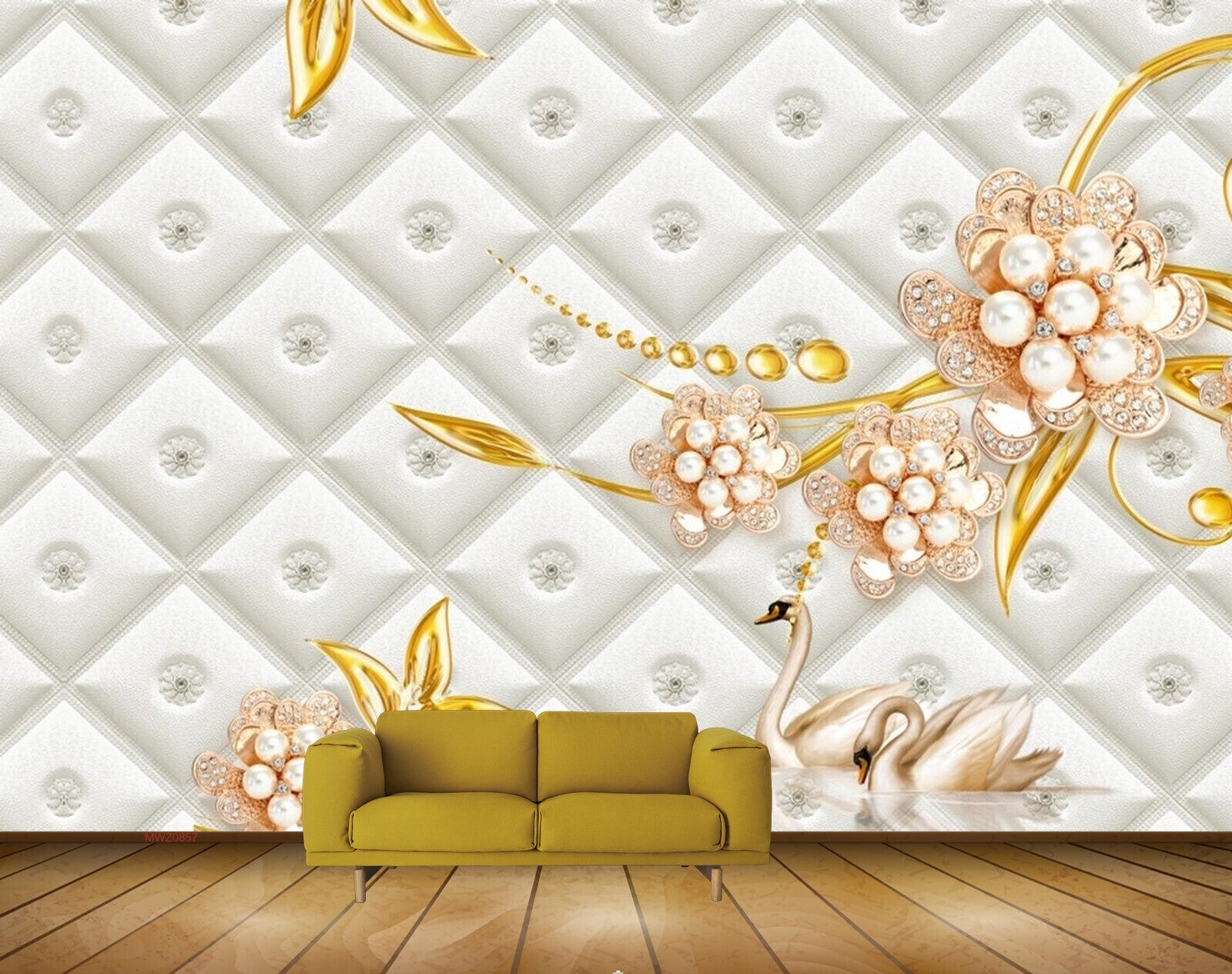 Avikalp MWZ0857 Pink Golden Flowers Plants Cranes 3D HD Wallpaper