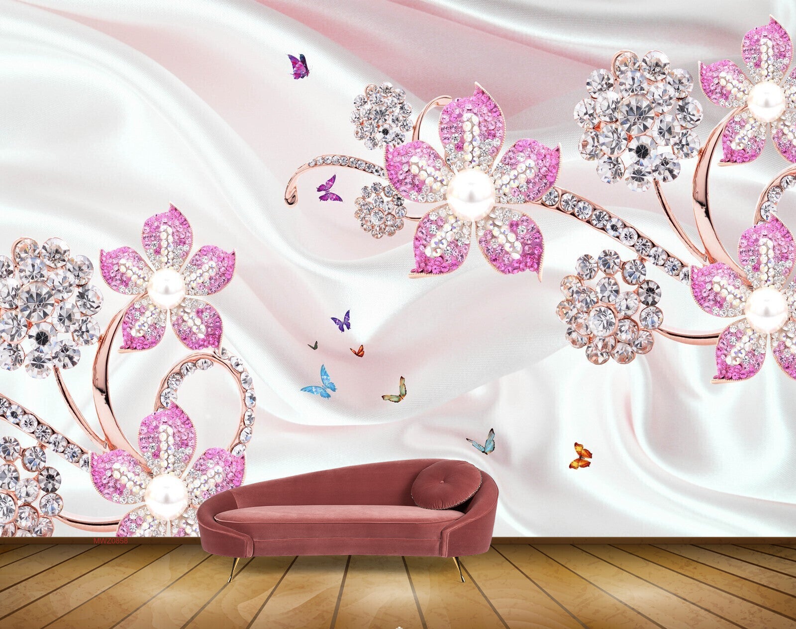 Avikalp MWZ0858 Pink Flowers Butterflies Leaves 3D HD Wallpaper