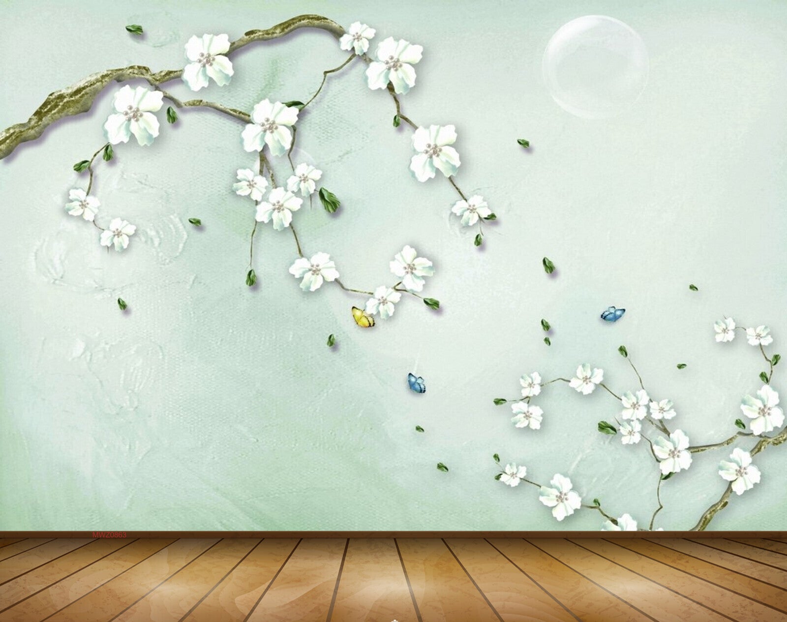 Avikalp MWZ0863 White Flowers Branches Butterflies 3D HD Wallpaper