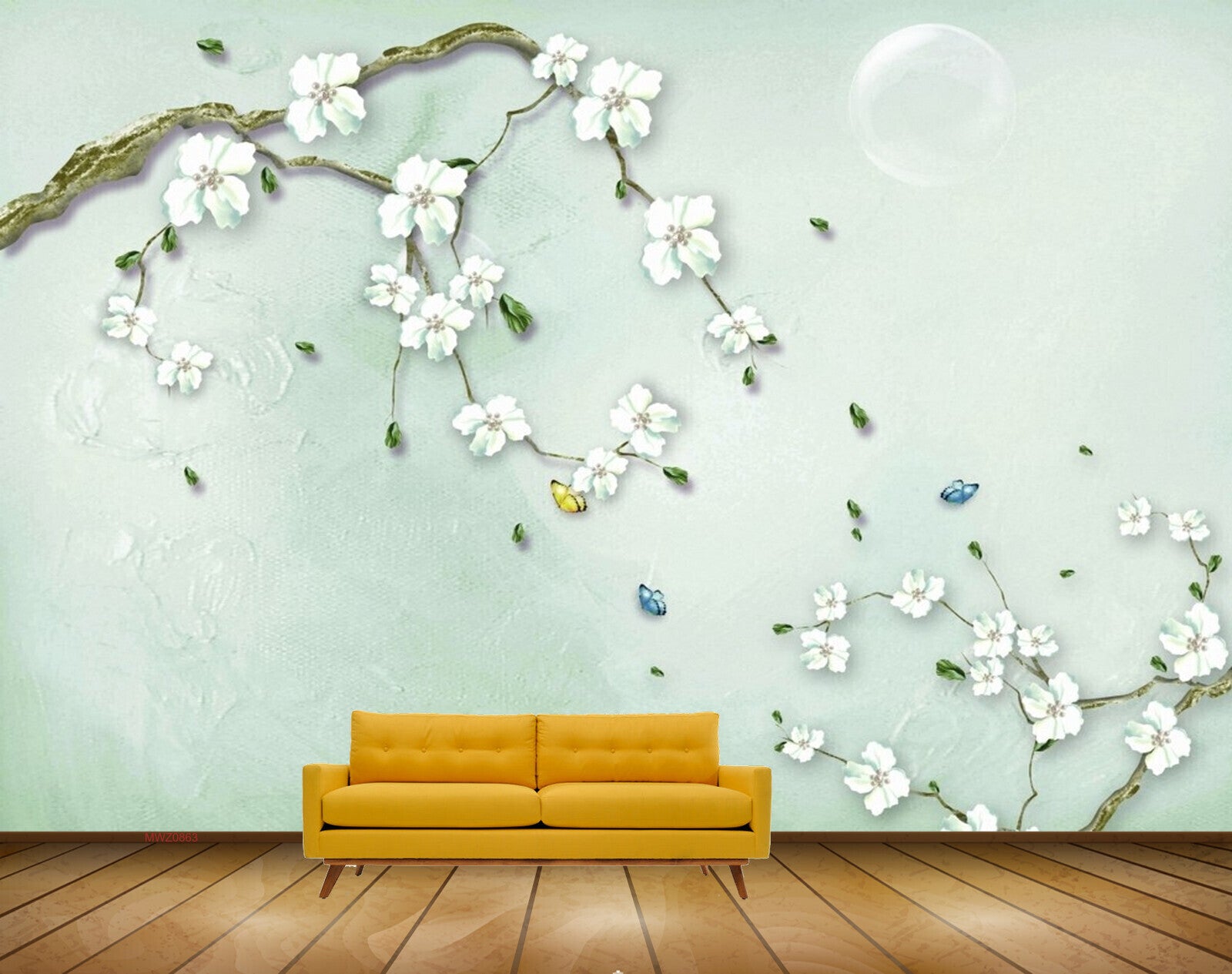 Avikalp MWZ0863 White Flowers Branches Butterflies 3D HD Wallpaper