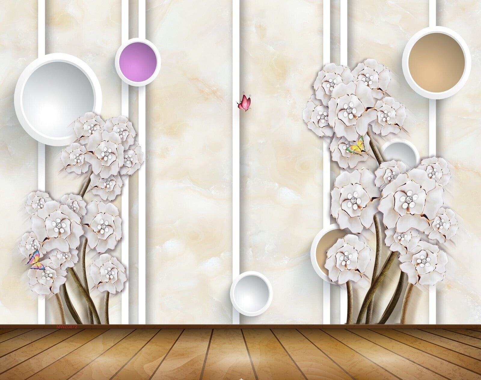 Avikalp MWZ0872 White Flowers Butterflies Stems 3D HD Wallpaper