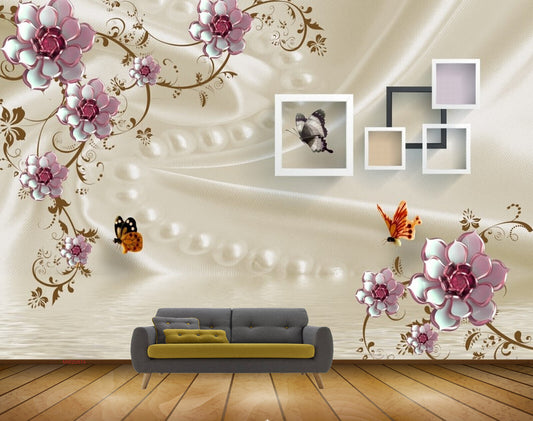 Avikalp MWZ0874 White Pink Flowers Branches Butterflies HD Wallpaper
