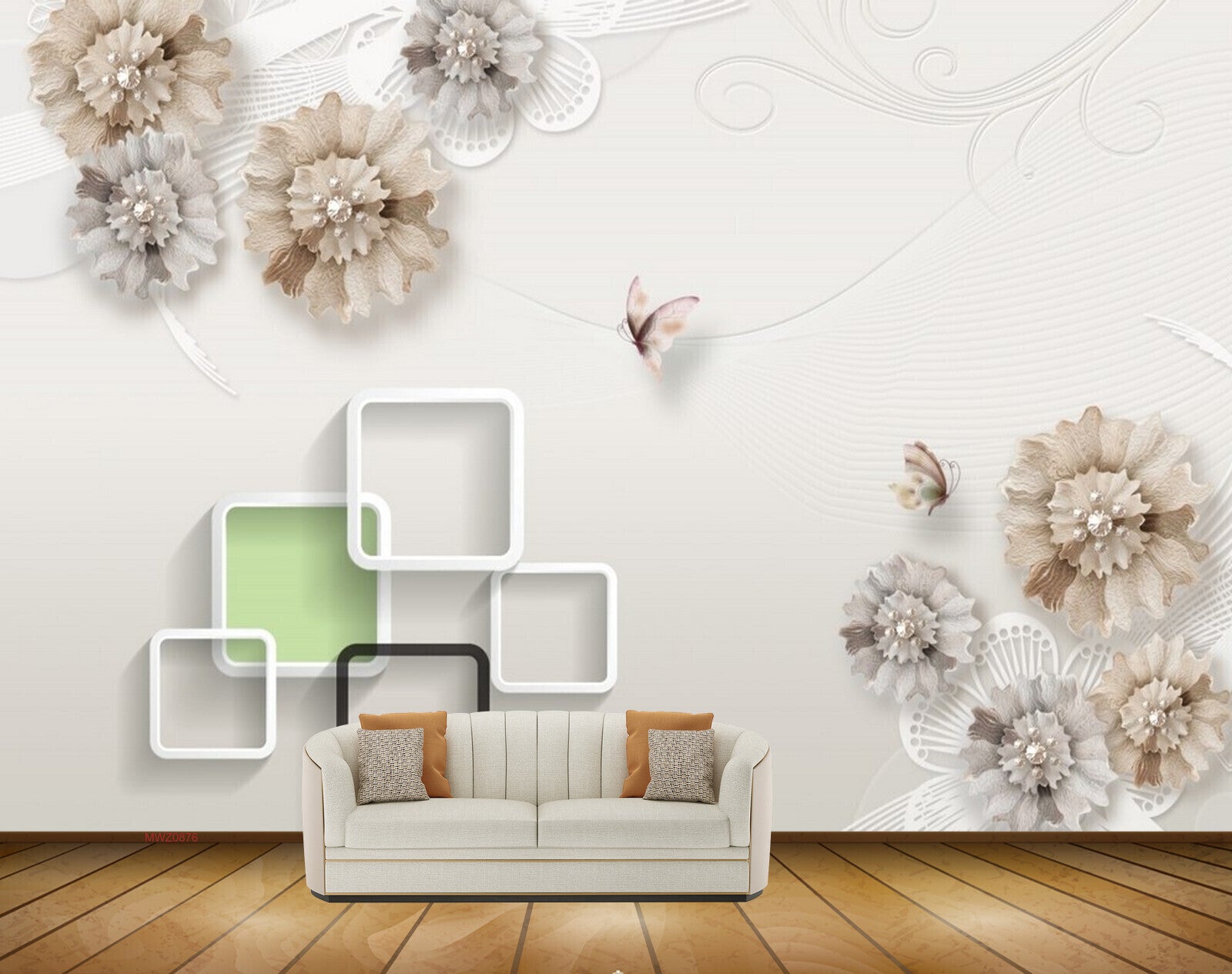 Avikalp MWZ0876 White Brown Flowers Butterflies 3D HD Wallpaper
