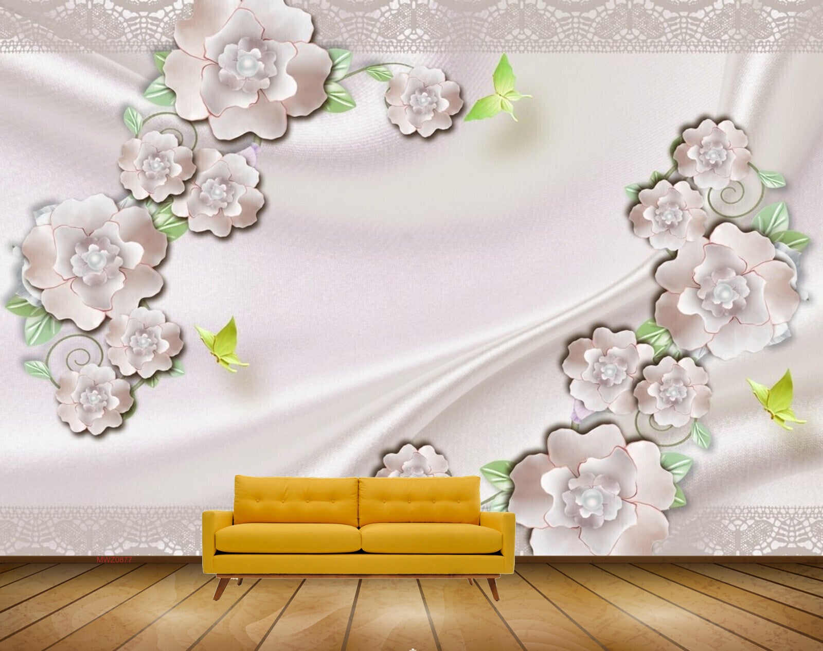 Avikalp MWZ0877 White Pink Flowers Butterflies 3D HD Wallpaper