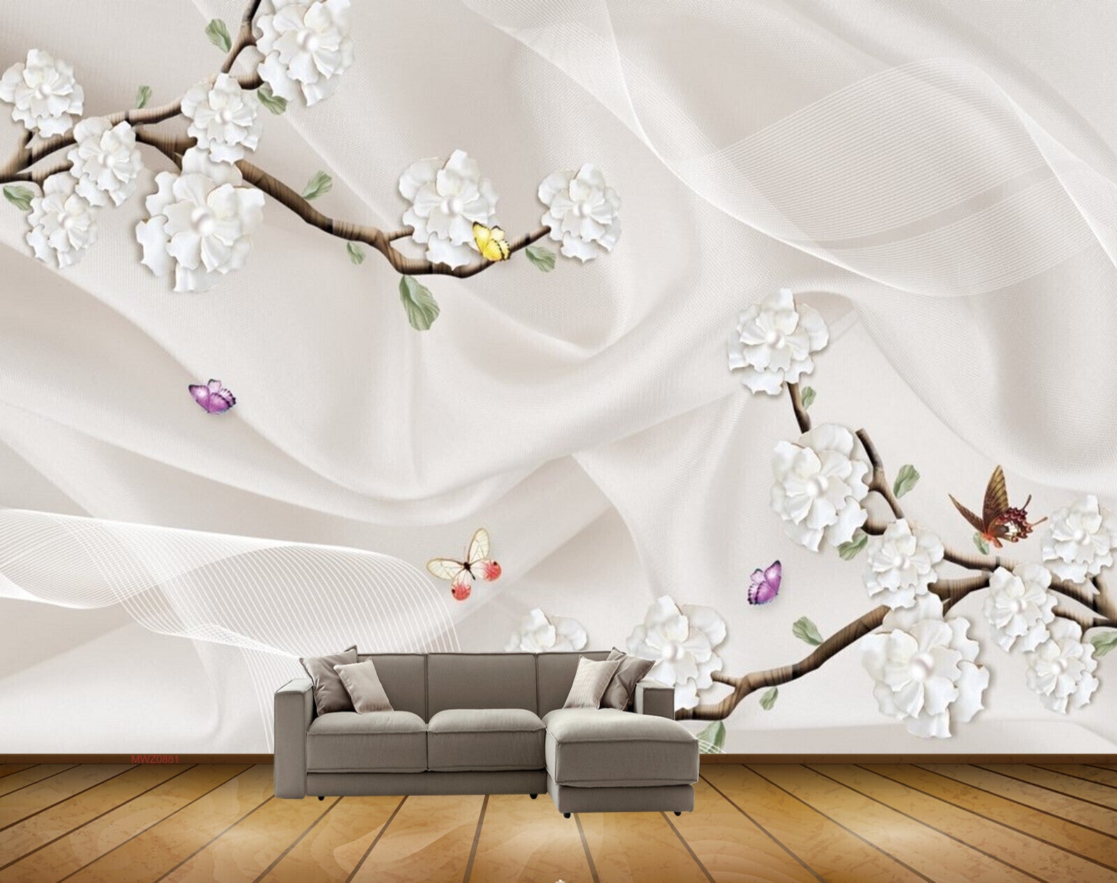 Avikalp MWZ0881 White Flowers Branches Butterflies 3D HD Wallpaper