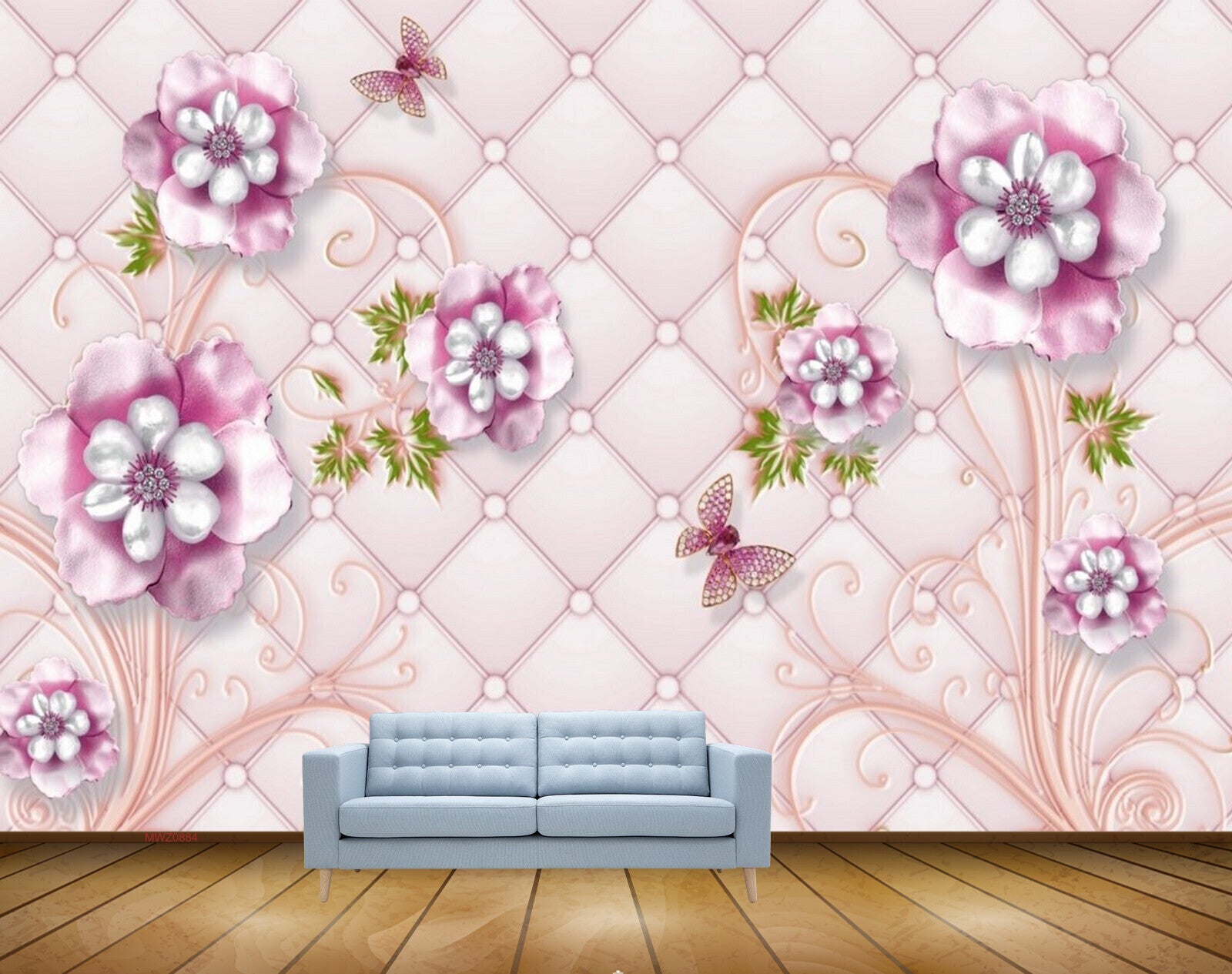 Avikalp MWZ0884 White Pink Flowers Butterflies Leaves 3D HD Wallpaper