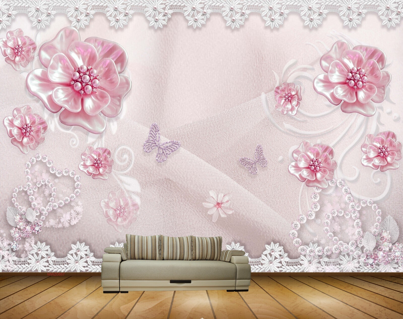 Avikalp MWZ0887 Pink White Flowers Butterflies HD Wallpaper