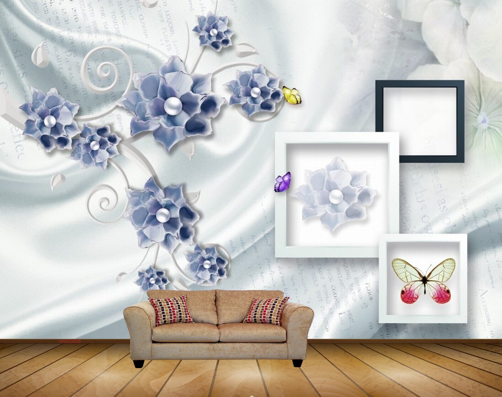 Avikalp MWZ0888 Blue White Flowers Butterflies HD Wallpaper