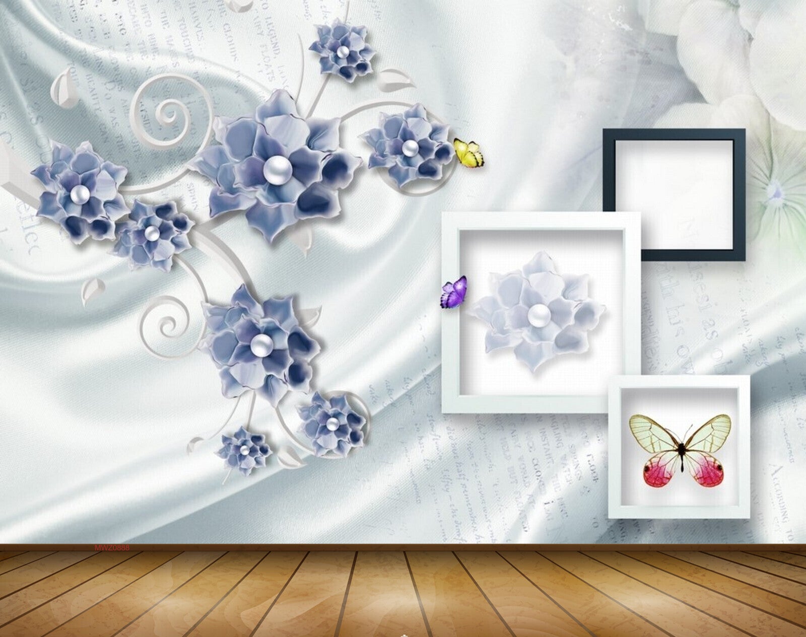 Avikalp MWZ0888 Blue White Flowers Butterflies 3D HD Wallpaper