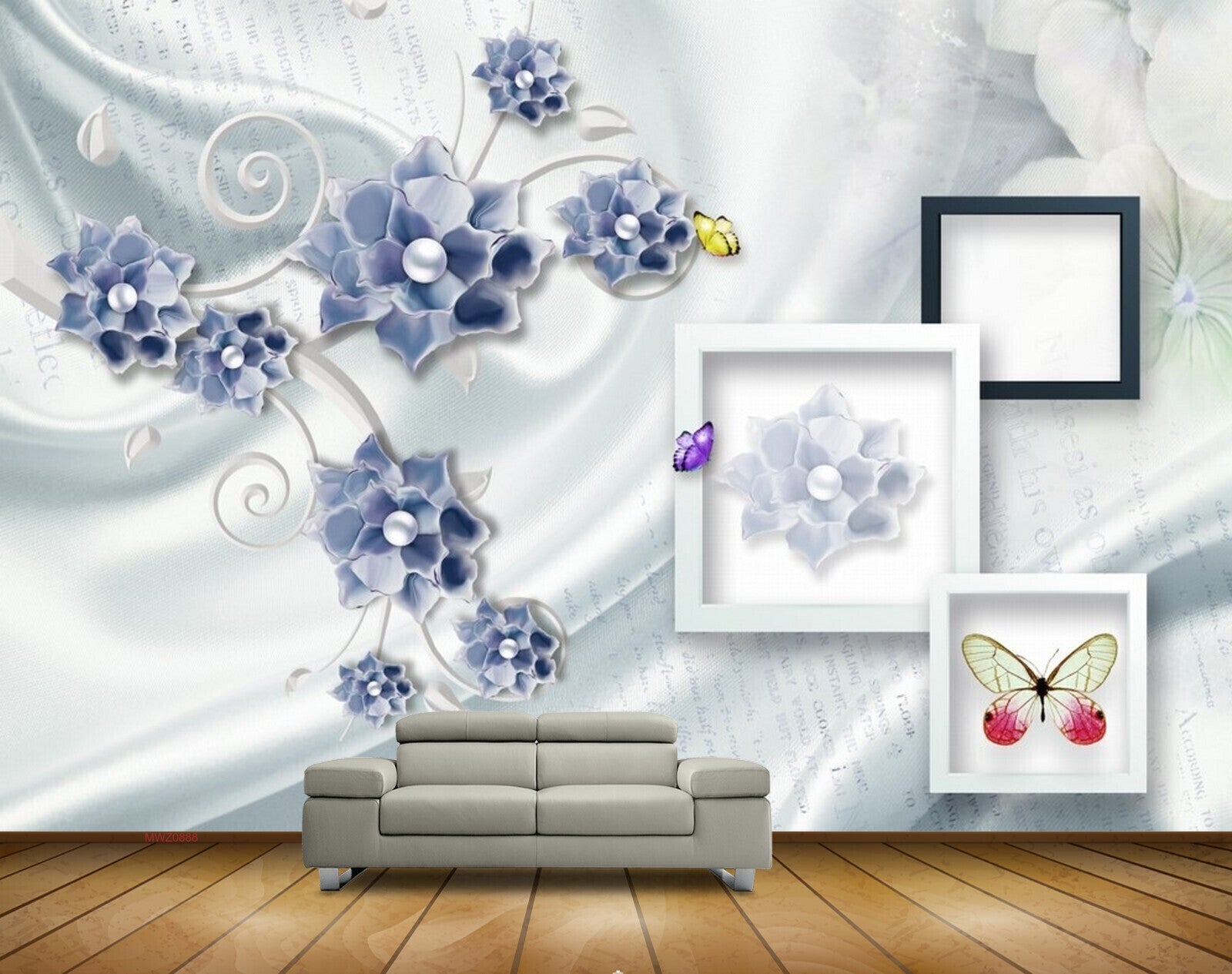 Avikalp MWZ0888 Blue White Flowers Butterflies 3D HD Wallpaper