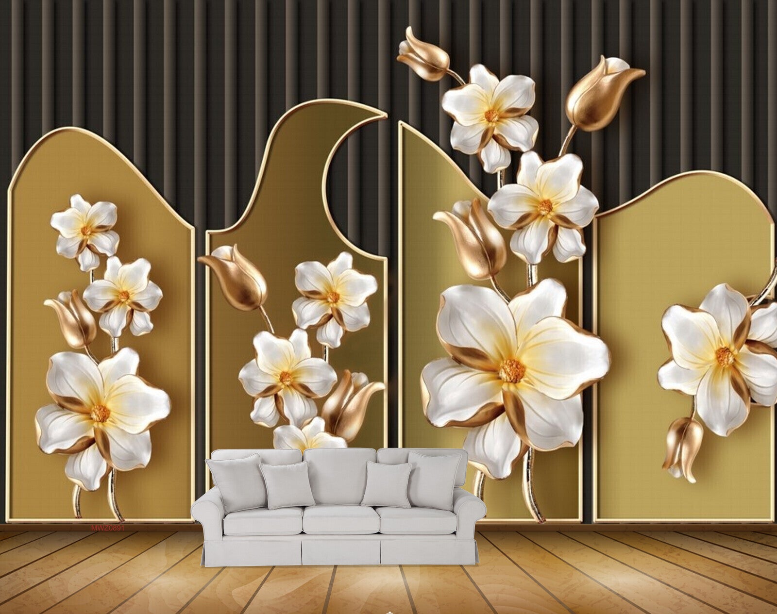 Avikalp MWZ0891 White Golden Flowers 3D HD Wallpaper