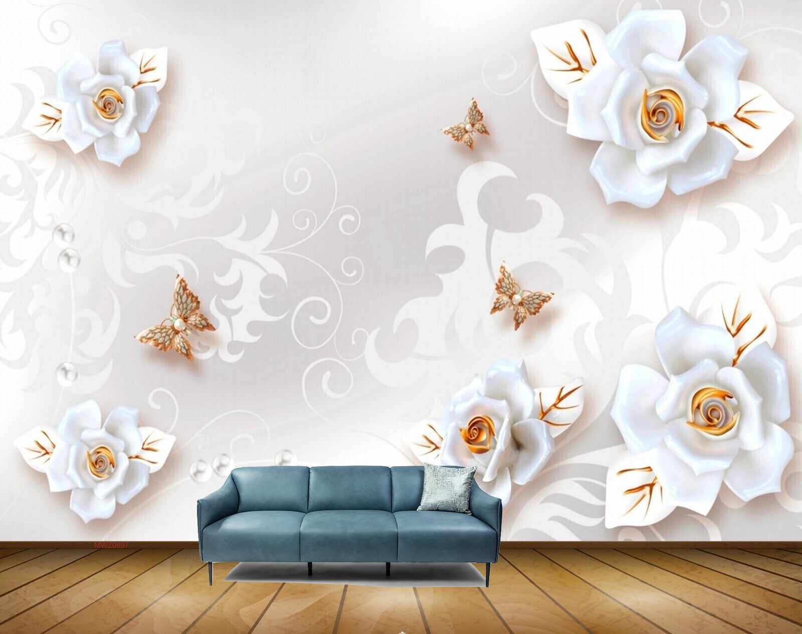Avikalp MWZ0897 White Flowers Butterflies 3D HD Wallpaper