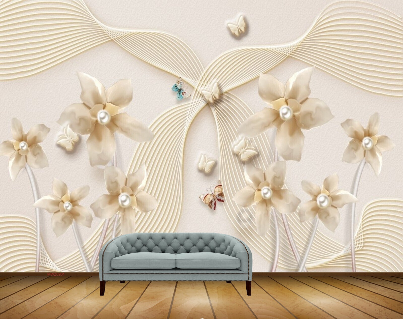 Avikalp MWZ0901 White Golden Flowers Butterflies HD Wallpaper