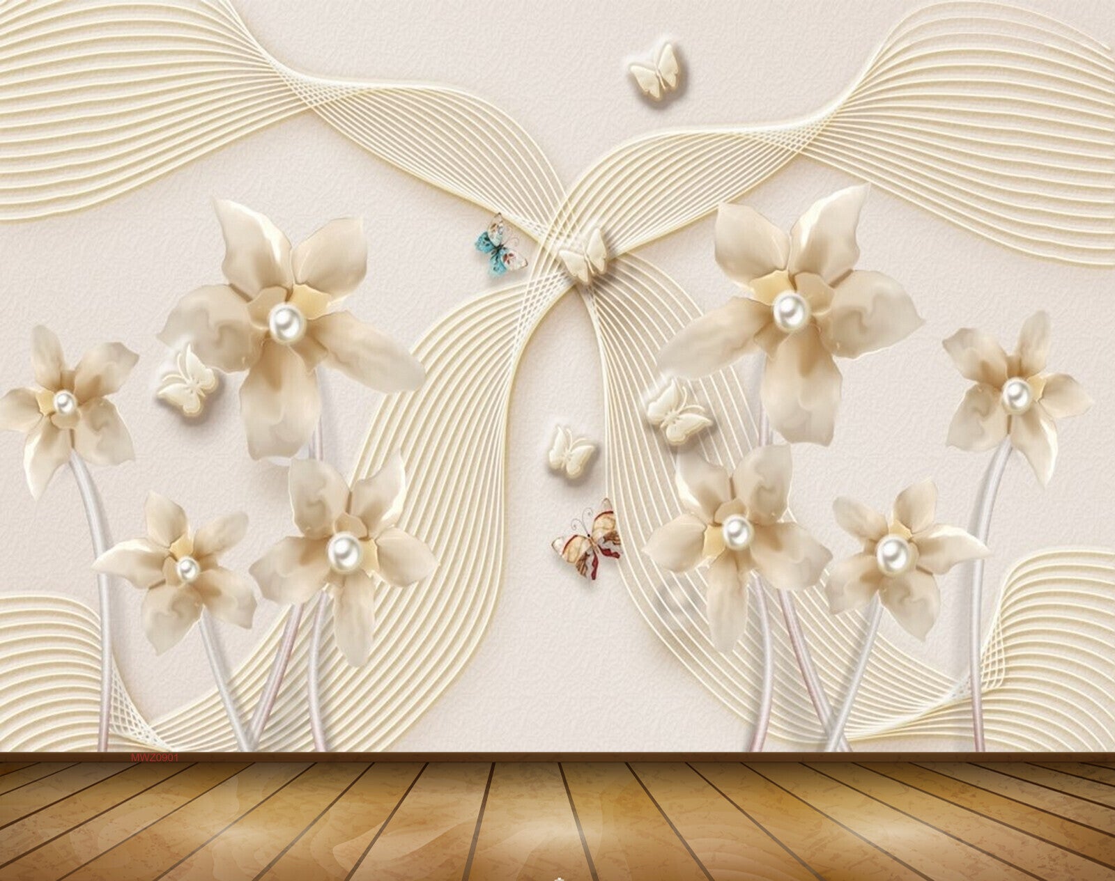 Avikalp MWZ0901 White Golden Flowers Butterflies 3D HD Wallpaper