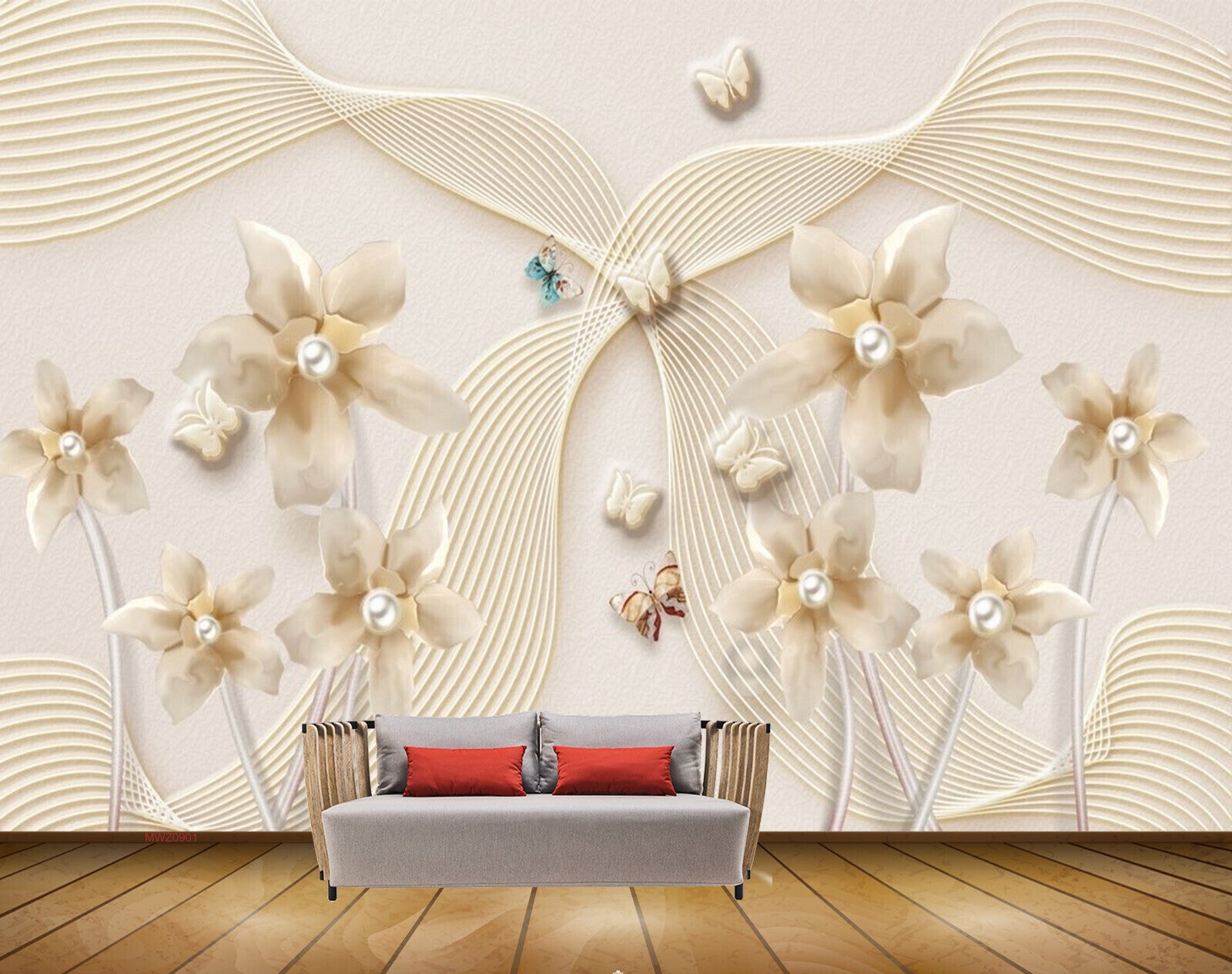 Avikalp MWZ0901 White Golden Flowers Butterflies 3D HD Wallpaper