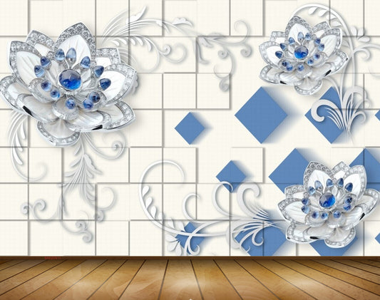 Avikalp MWZ0911 Blue White Flowers 3D HD Wallpaper