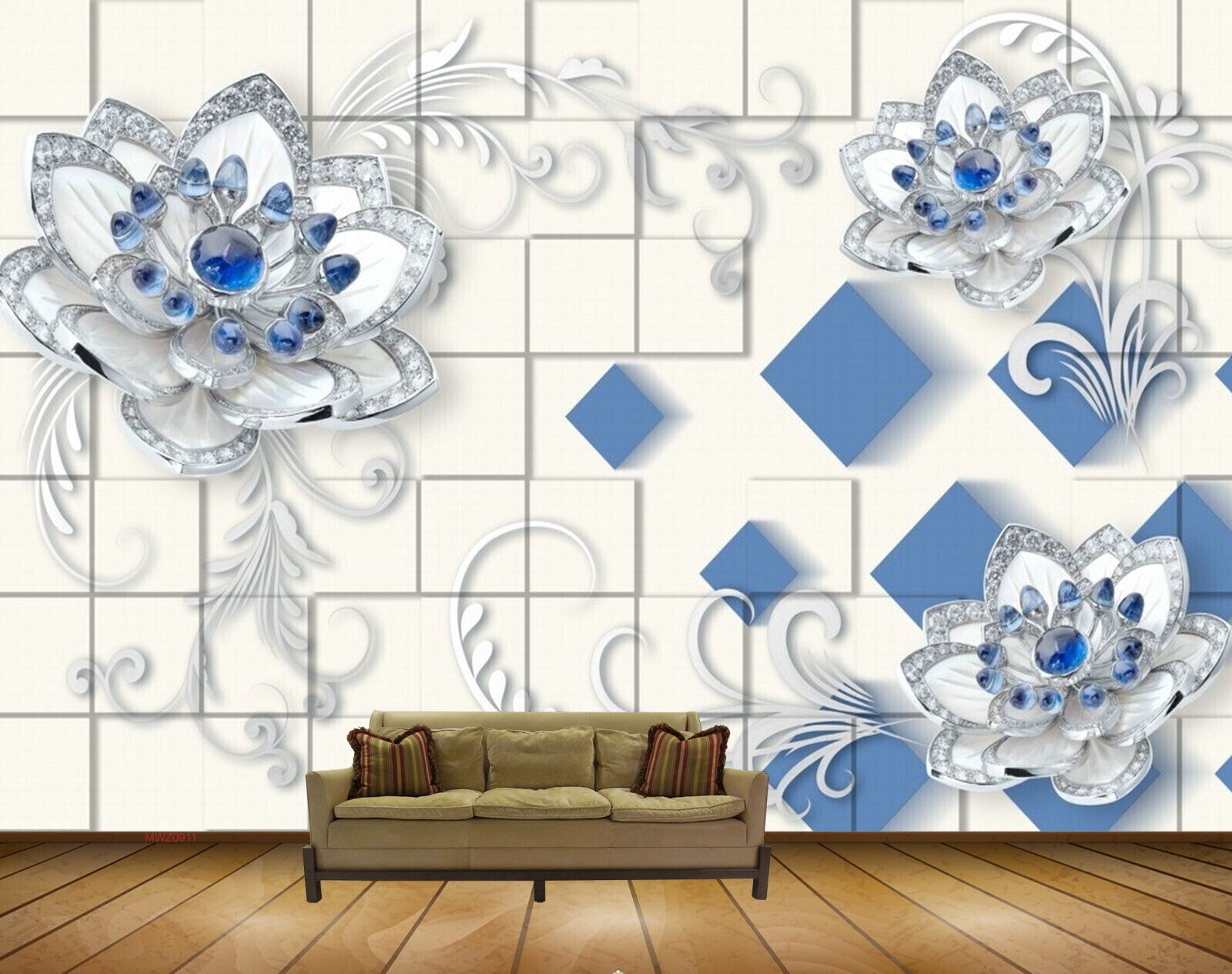 Avikalp MWZ0911 Blue White Flowers 3D HD Wallpaper